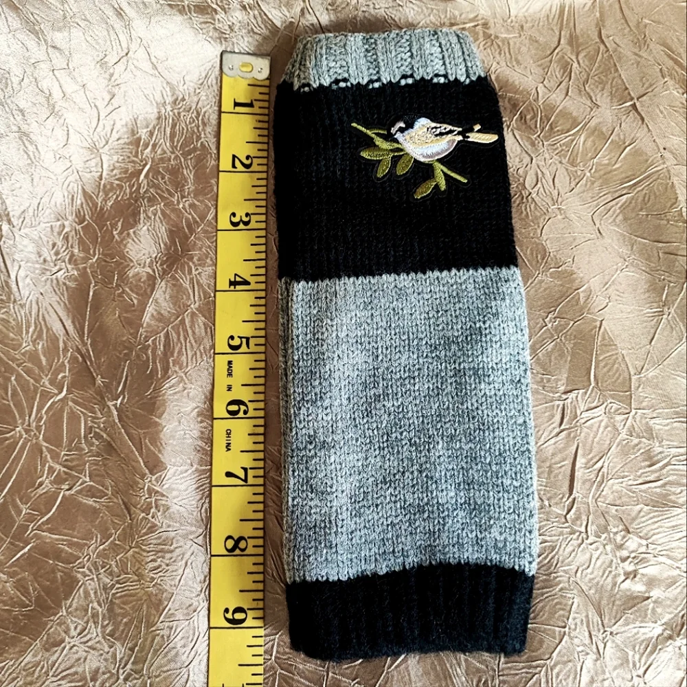 Fingerless Gloves Thumb Holes Black &  Gray Grey Embroidered Birds Mittens NEW